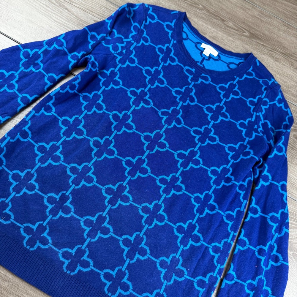 Charter Club Womens Sweater Jacquard Quatrefoil Lapis Blue L
